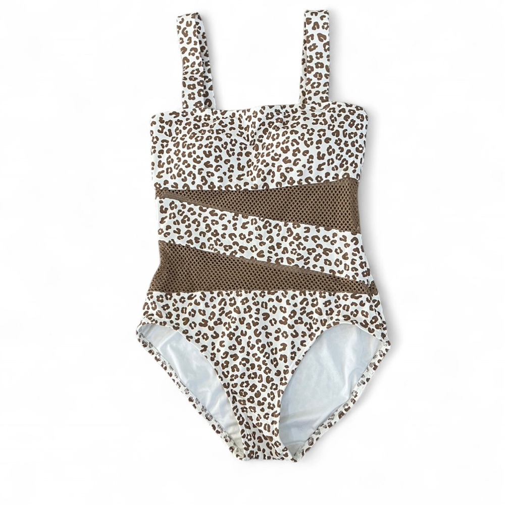 Carmen Marc Valvo Brown and White cheetah One Piece Swimsuit with mesh waist